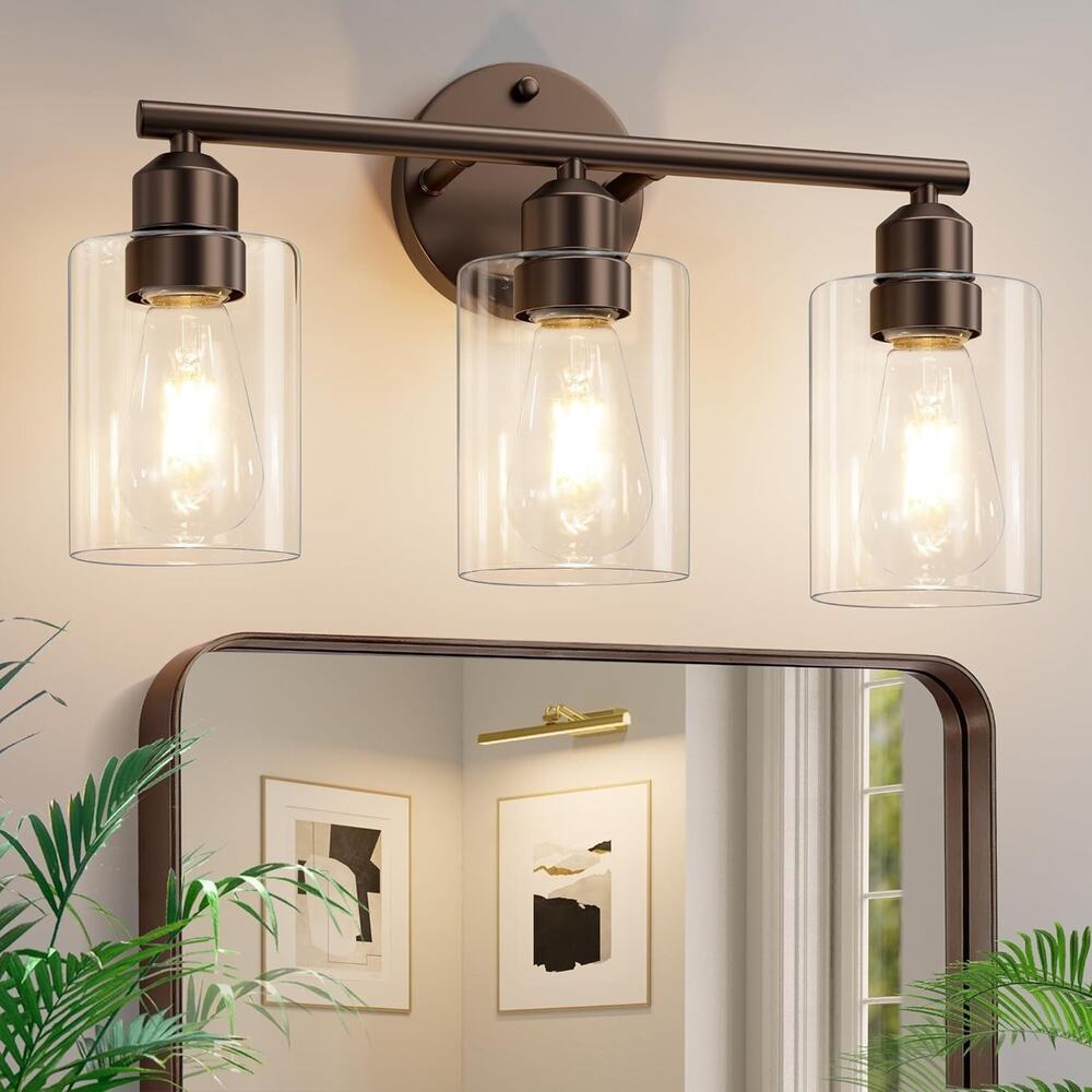 Modern 3-Light Bathroom Vanity Light, Brown Finish with Clear Glass Shades